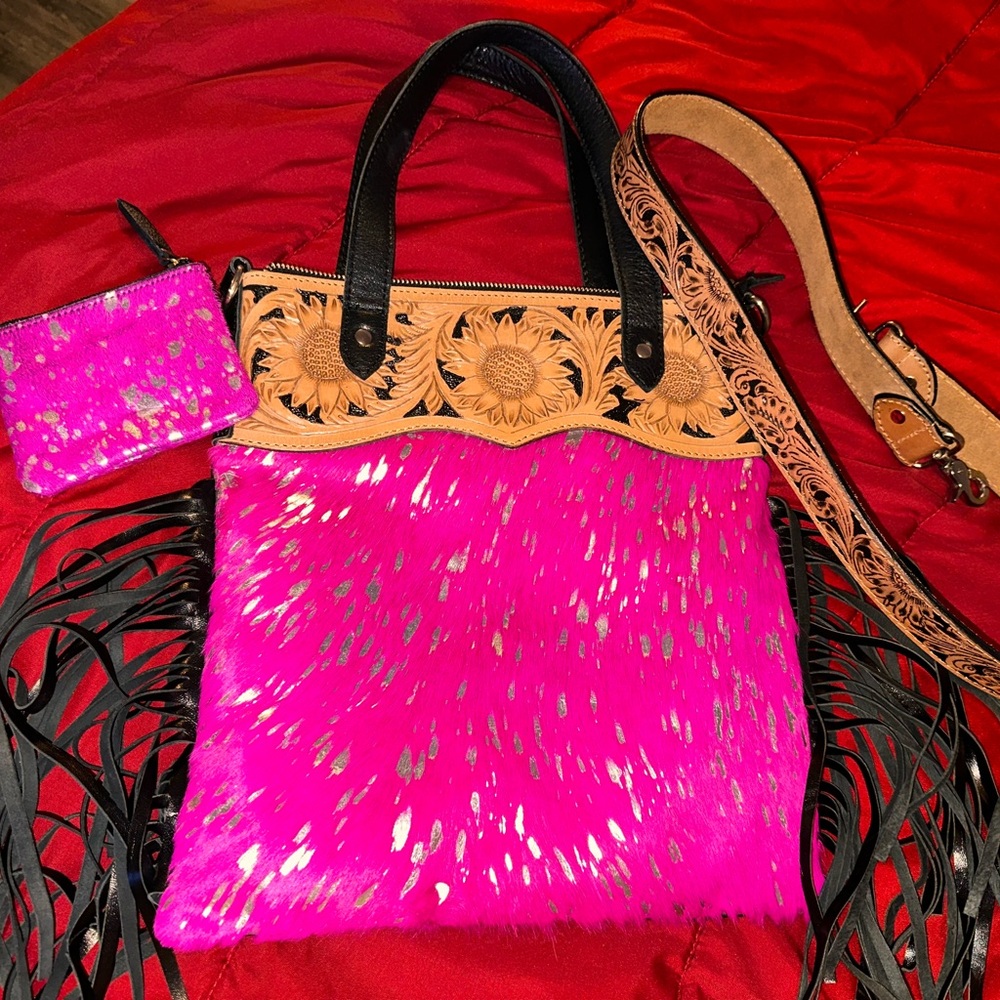 Pink and Tan Fringed Women's Bag Set